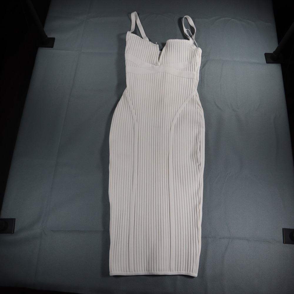 Fashion Nova Snatched Dress Small White Ribbed Sleeveless Zip Closure Bodycon